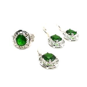 Green Rhinestone Jewelry Set Ring Pendant Earrings Silver Tone Size 7.75